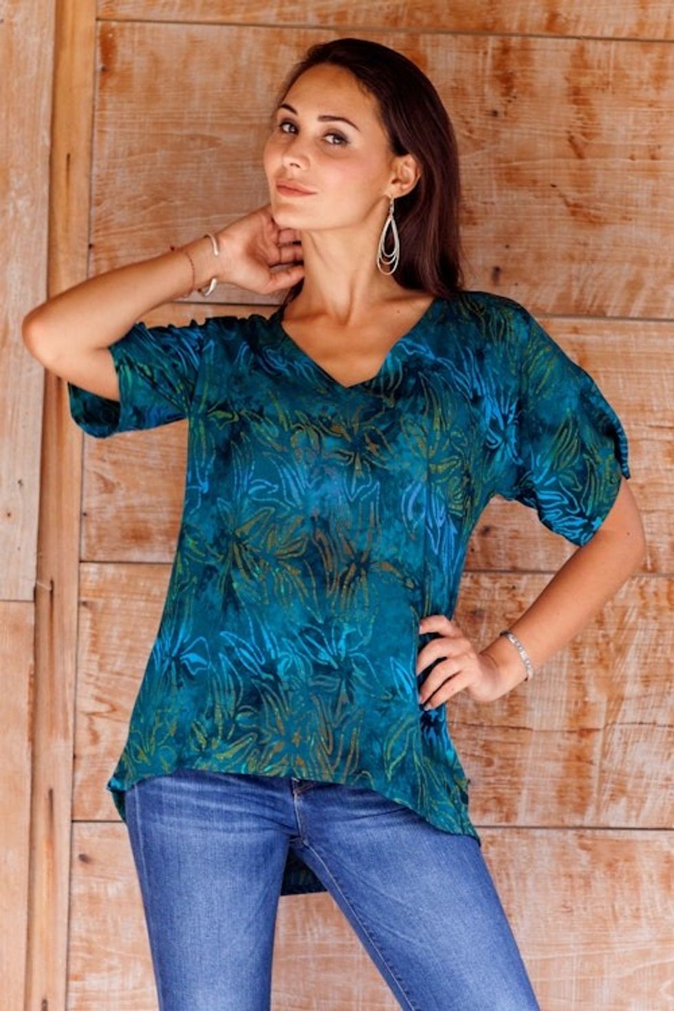 Hand Stamped Rayon Batik Floral Blouse from Bali 'Bali Kenanga'