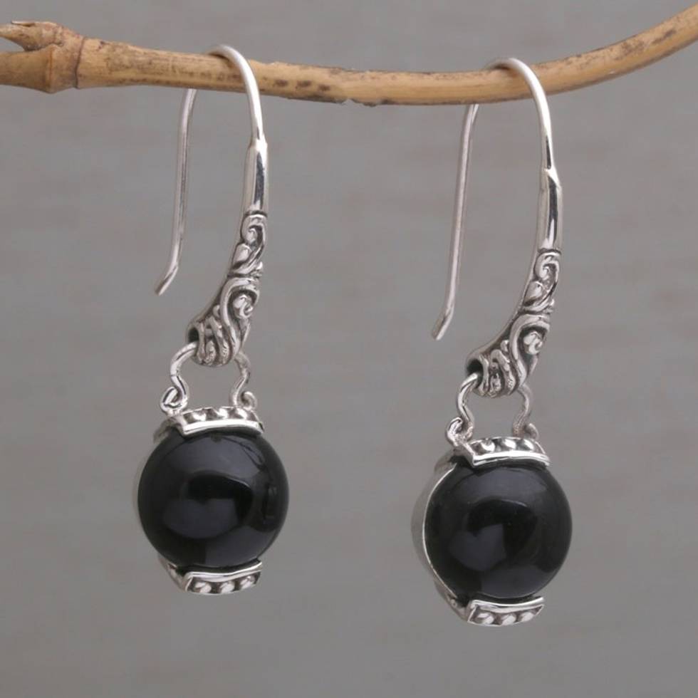 Handmade 925 Sterling Silver Onyx Dangle Earrings from Bali 'Tilem Moon'
