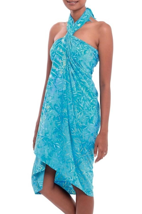 Alternate image for Leaf Motif Batik Rayon Sarong in Blue from Bali Cerulean Eden