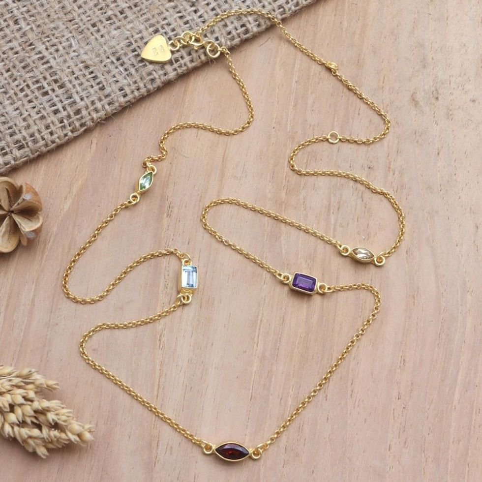 Gold-Plated Birthstone Station Necklace 'Heaven's Rainbow'