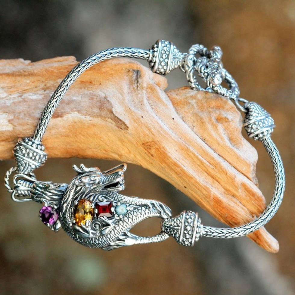 Silver and Multi Gemstone Handcrafted Dragon Bracelet 'Dragon's Prize'