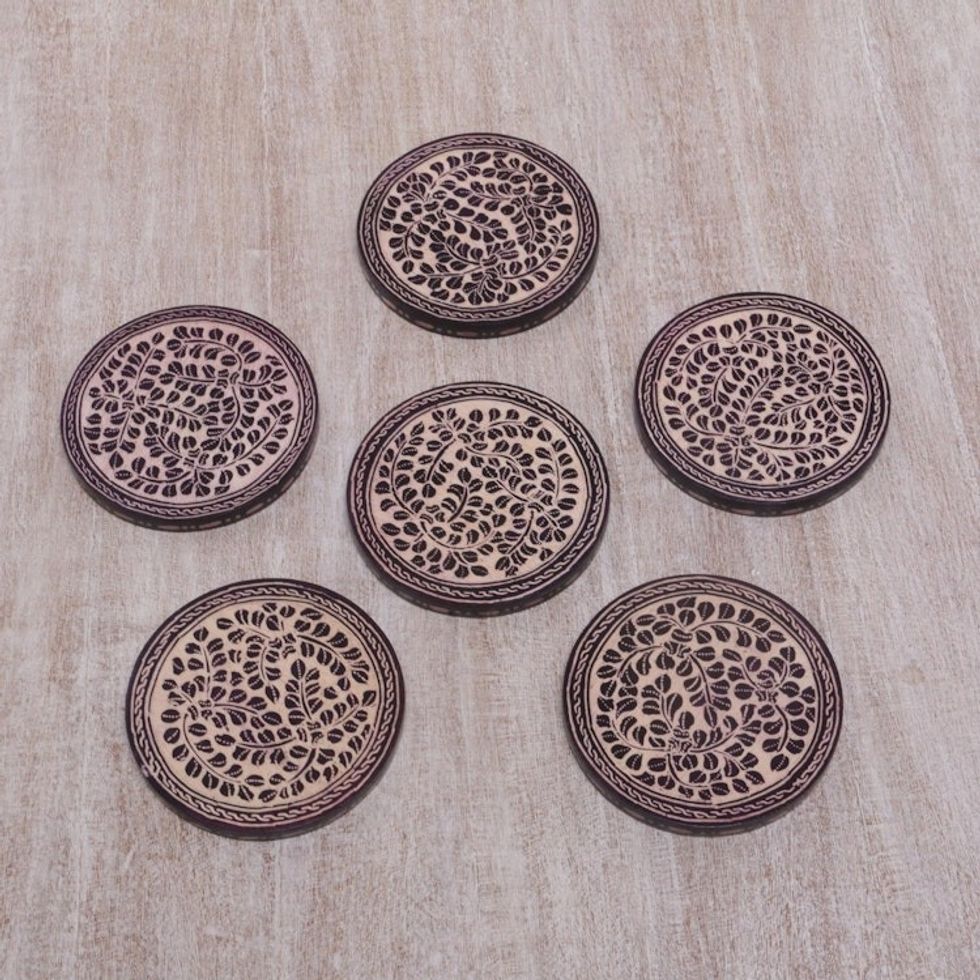 Indonesian Cream and Black Wood Batik Coasters Set of 6 'Paddy Harvest'