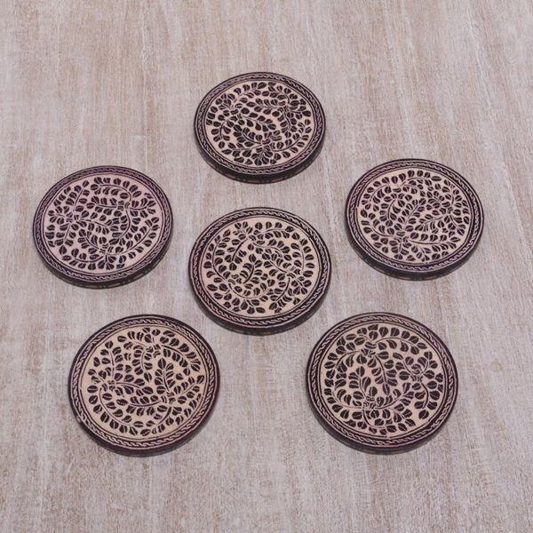 Alternate image for Indonesian Cream and Black Wood Batik Coasters Set of 6 Paddy Harvest