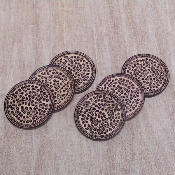 Alternate image for Indonesian Cream and Black Wood Batik Coasters Set of 6 Paddy Harvest