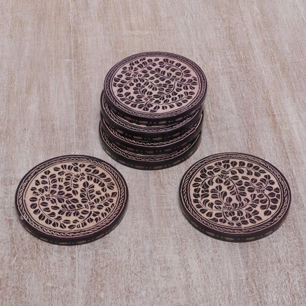 Alternate image for Indonesian Cream and Black Wood Batik Coasters Set of 6 Paddy Harvest