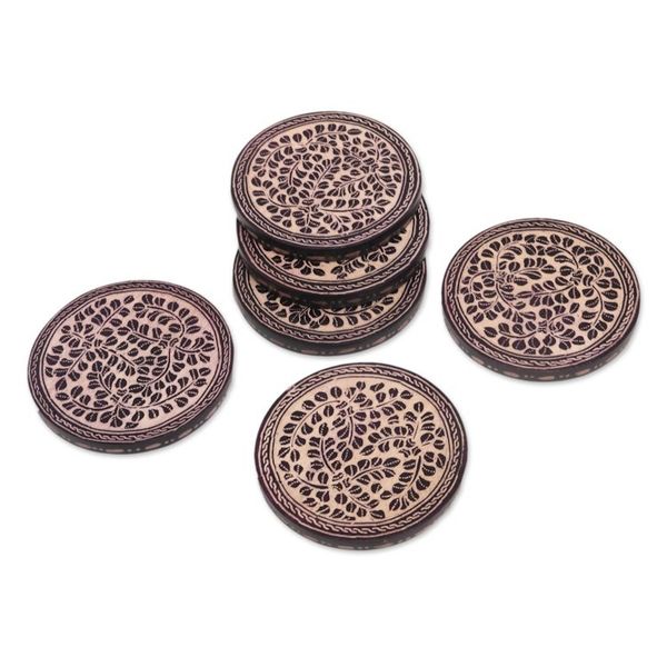 Alternate image for Indonesian Cream and Black Wood Batik Coasters Set of 6 Paddy Harvest