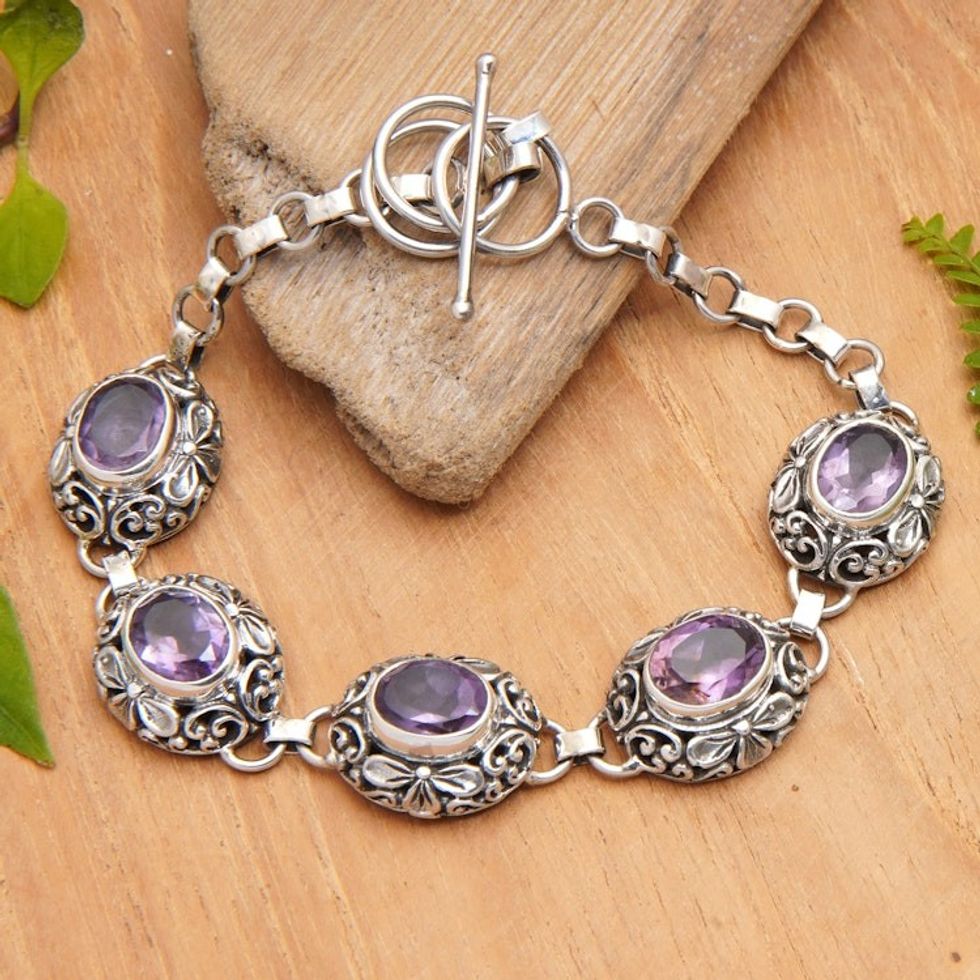 Indonesian Sterling Silver and Amethyst Link Bracelet 'Tropical Paradise'