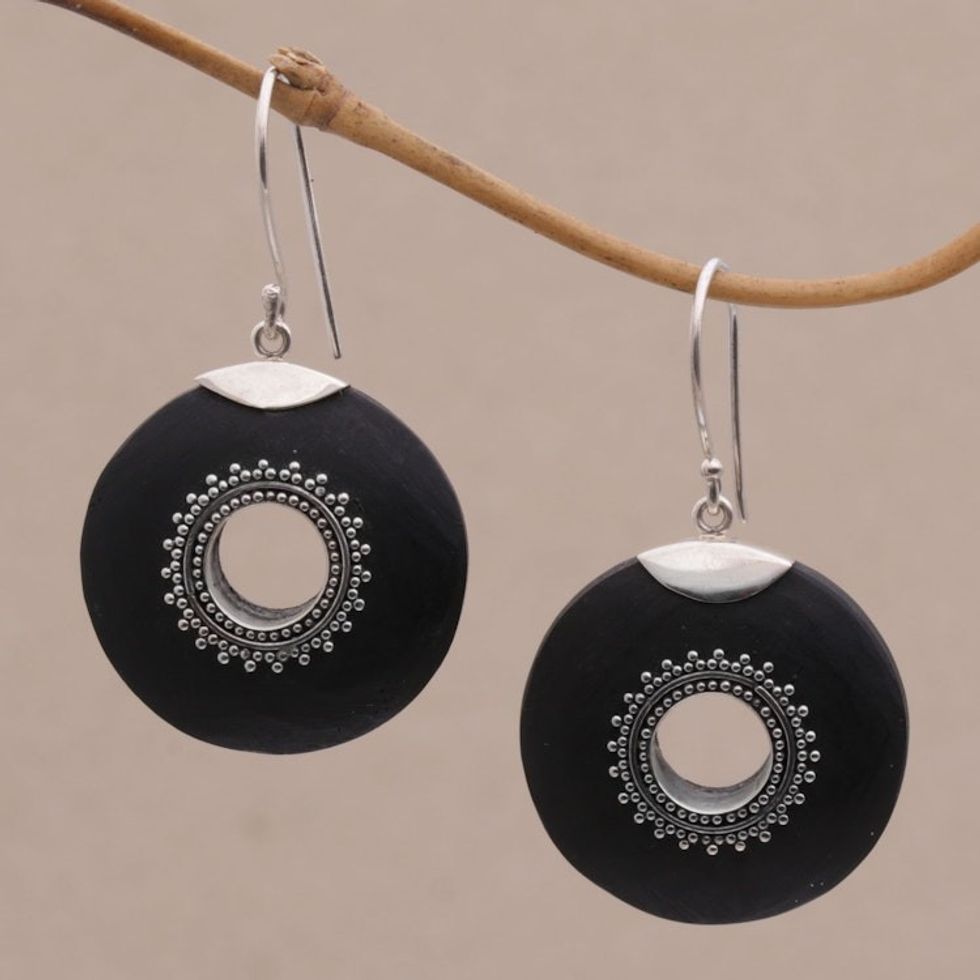 Sterling Silver and Lava Stone Dangle Earrings from Bali 'Starlight Circles'