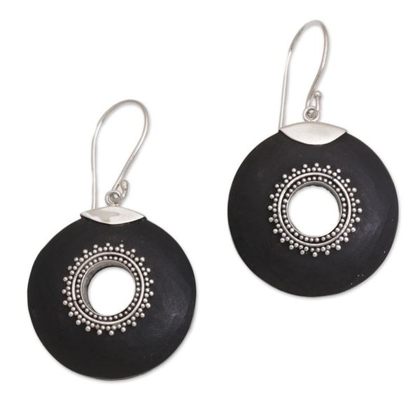 Alternate image for Sterling Silver and Lava Stone Dangle Earrings from Bali Starlight Circles
