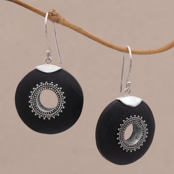Alternate image for Sterling Silver and Lava Stone Dangle Earrings from Bali Starlight Circles