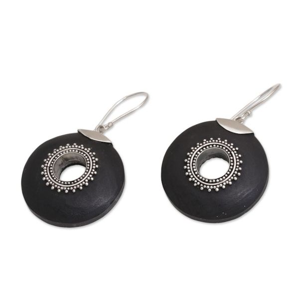 Alternate image for Sterling Silver and Lava Stone Dangle Earrings from Bali Starlight Circles