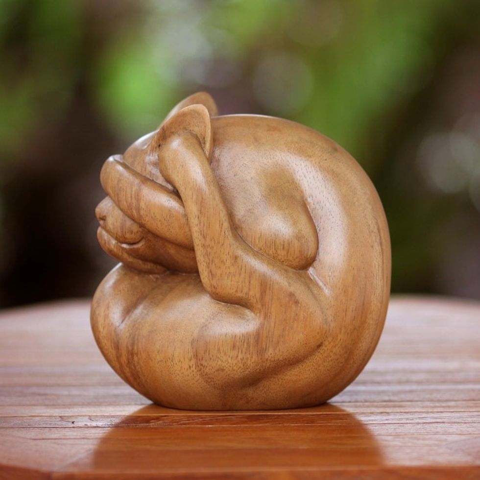 Indonesian Wood Yoga Sculpture 'Yogi Cat'