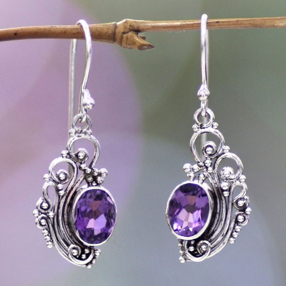 Women's Sterling Silver Dangle Amethyst Earrings 'Balinese Breezes'
