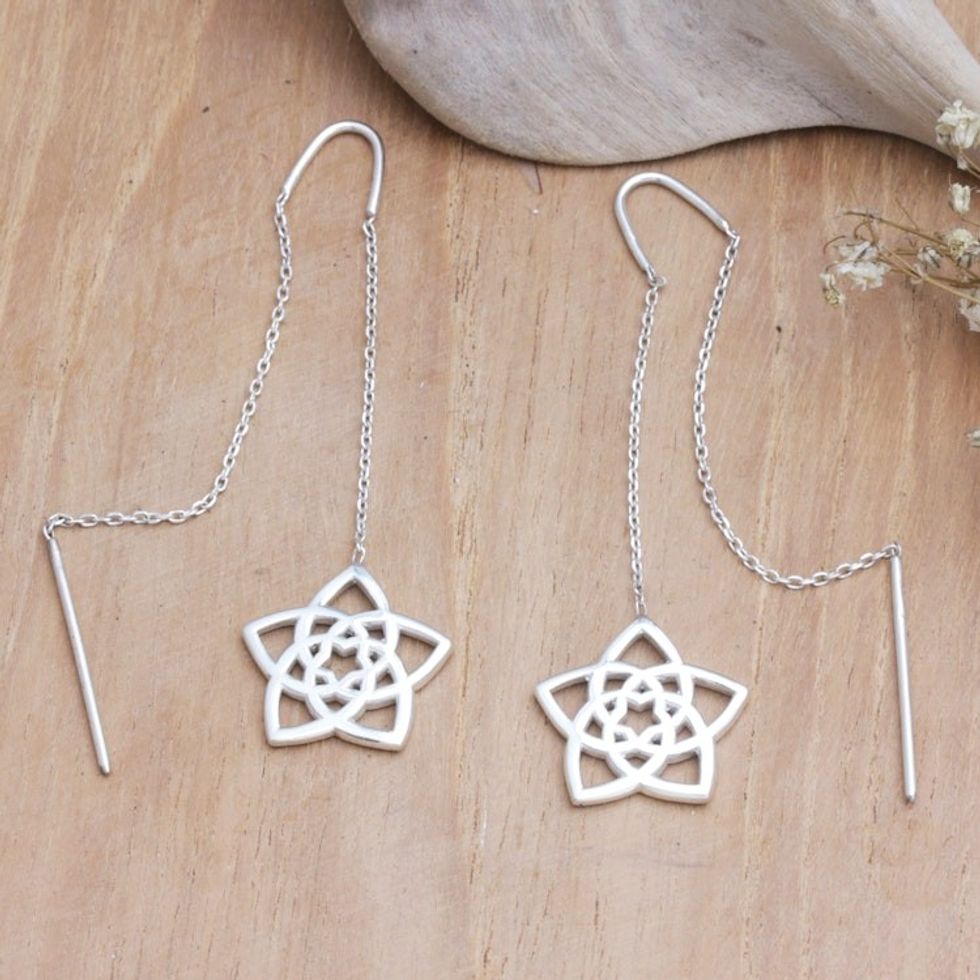 Geometric Floral Sterling Silver Threader Earrings from Bali 'Starry Spring'