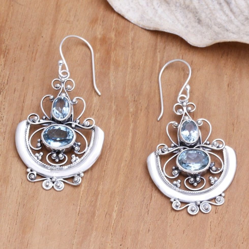 Handcrafted Blue Topaz and Silver Dangle Earrings 'Balinese Goddess'