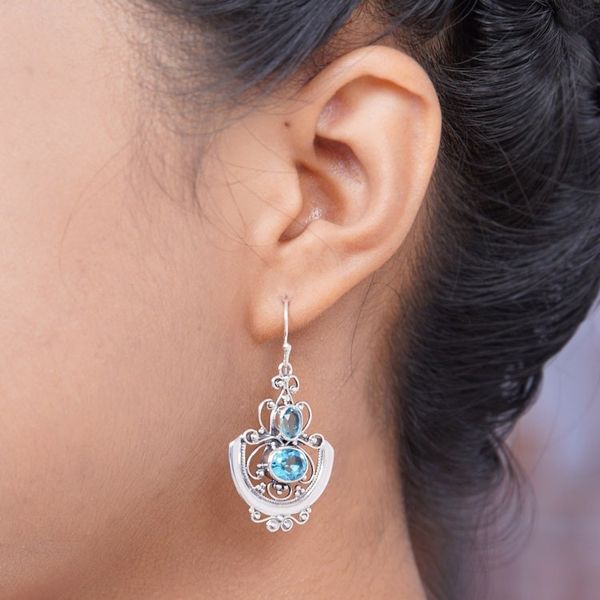 Alternate image for Handcrafted Blue Topaz and Silver Dangle Earrings Balinese Goddess