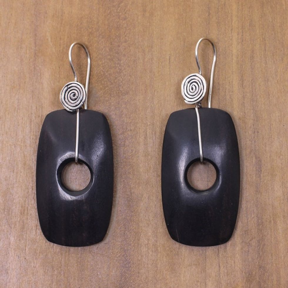 Fair Trade Jewelry Ebony and Sterling Silver Hook Earrings 'Tonga Tornado'