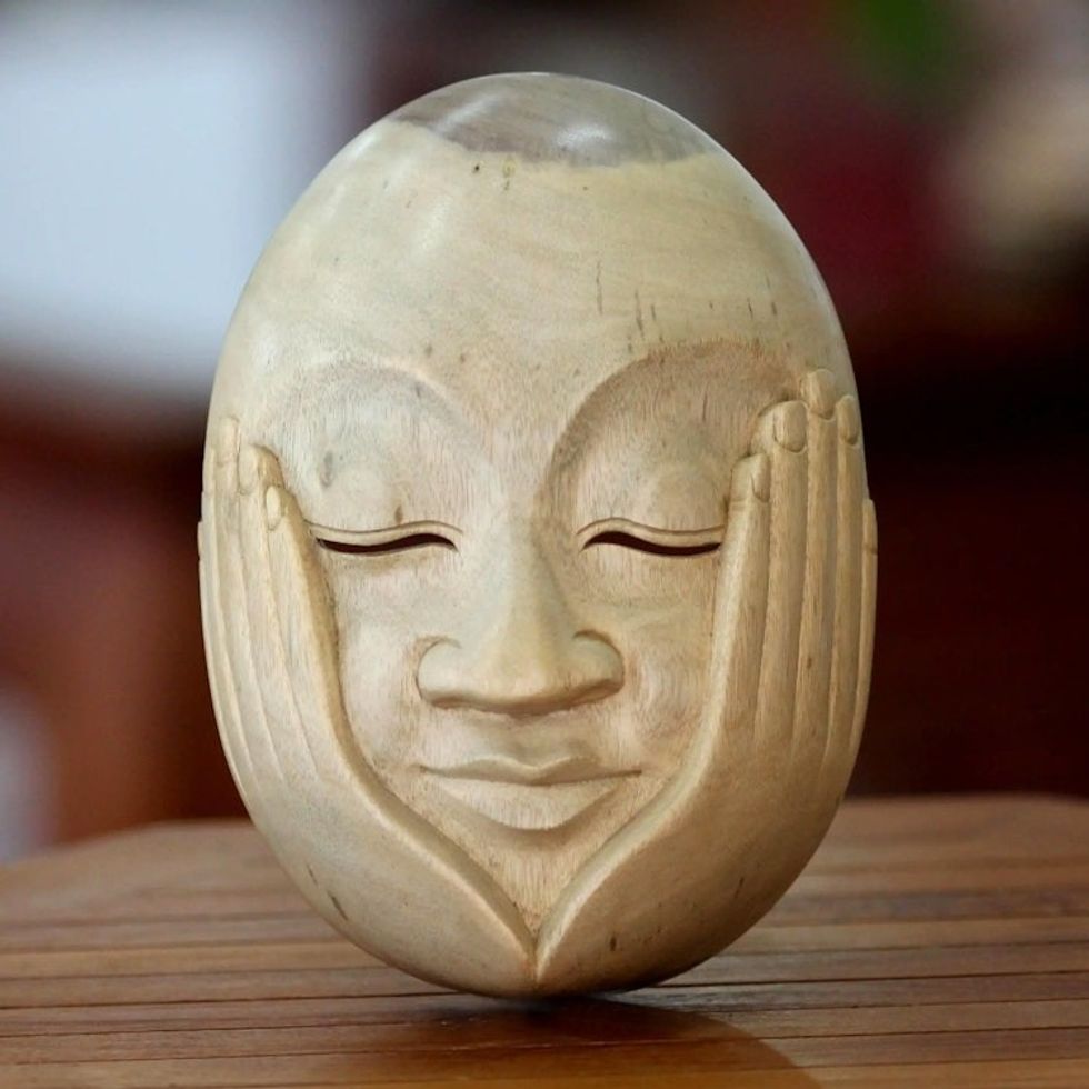 Hibiscus Wood Wall Mask 'Hear No Evil'