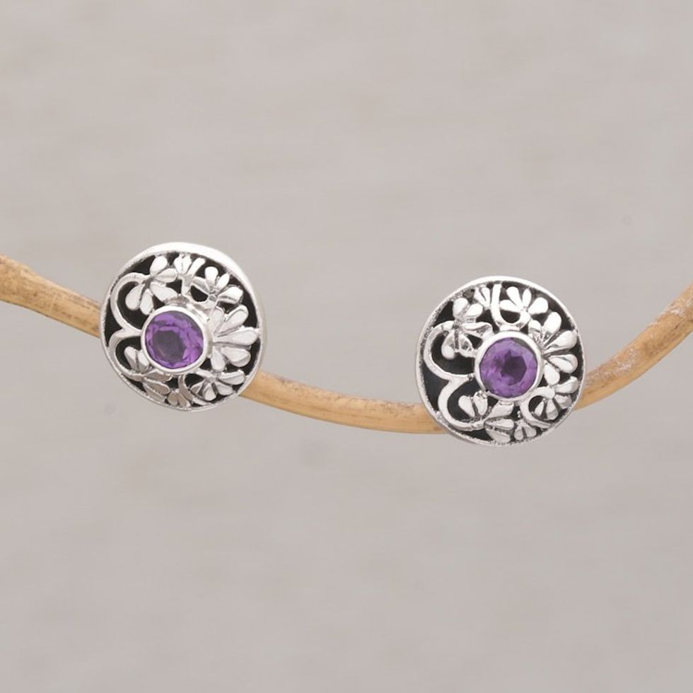 Handmade Amethyst 925 Sterling Silver Stud Earrings 'Enchantree'