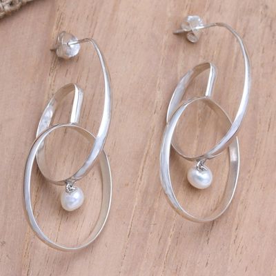 Alternate image for Double Hooped Sterling Silver Earrings with Freshwater Pearl Musical Twist