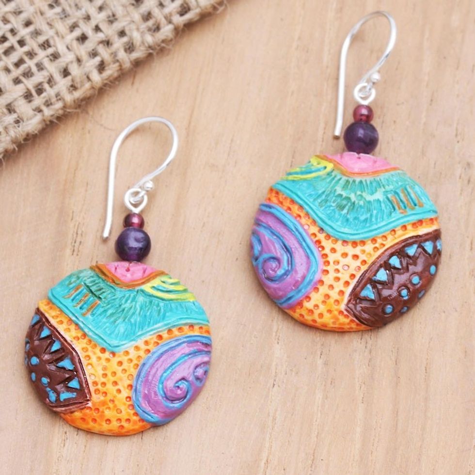 Artisan Crafted Garnet and Amethyst Dangle Earrings 'Mossy Rocks'
