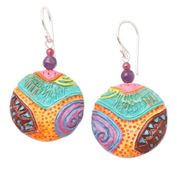 Alternate image for Artisan Crafted Garnet and Amethyst Dangle Earrings Mossy Rocks
