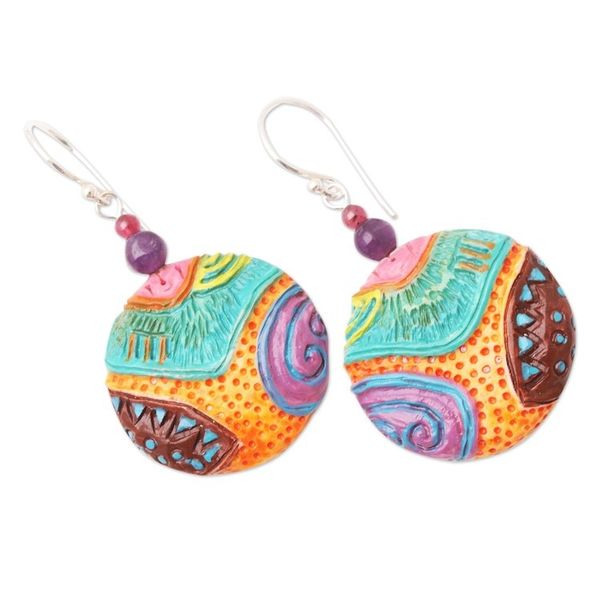 Alternate image for Artisan Crafted Garnet and Amethyst Dangle Earrings Mossy Rocks