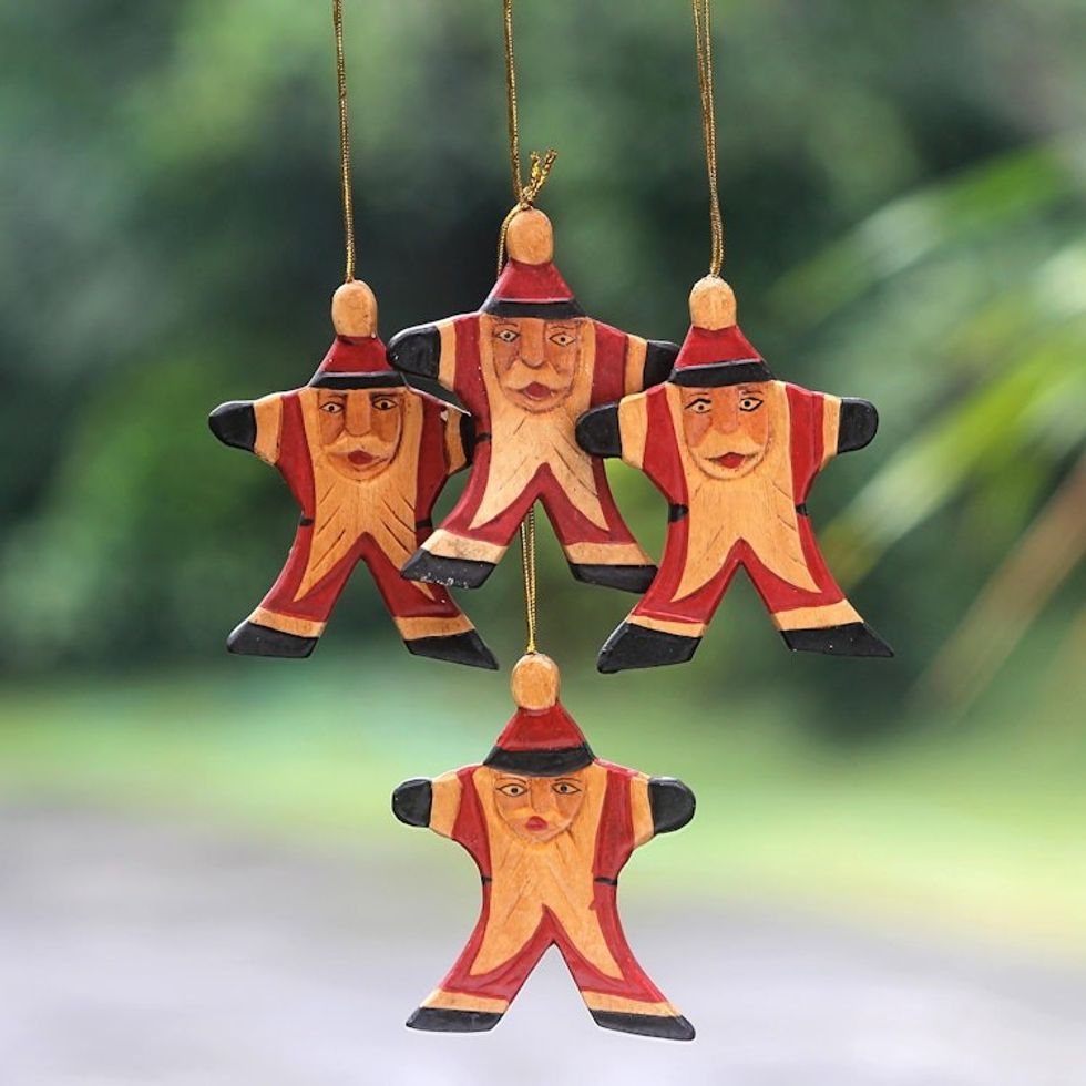 Artisan Crafted Santa Claus Christmas Ornaments Set of 4 'Happy Red Santa'