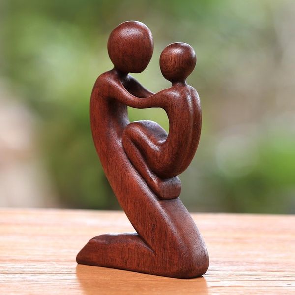 Alternate image for Suar Wood Father and Child Sculpture from Bali Playful Father