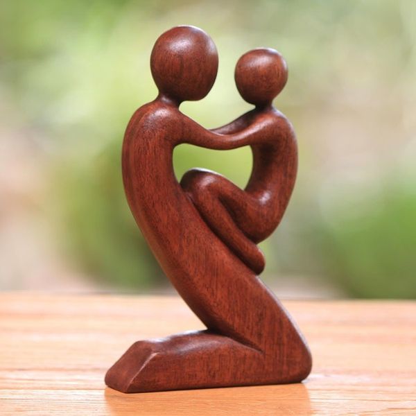 Alternate image for Suar Wood Father and Child Sculpture from Bali Playful Father