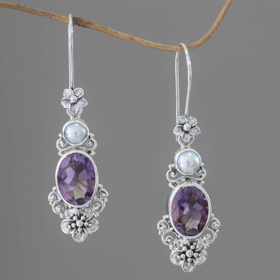 Women's Floral Pearl and Amethyst Silver Earrings 'Queen of Flowers'