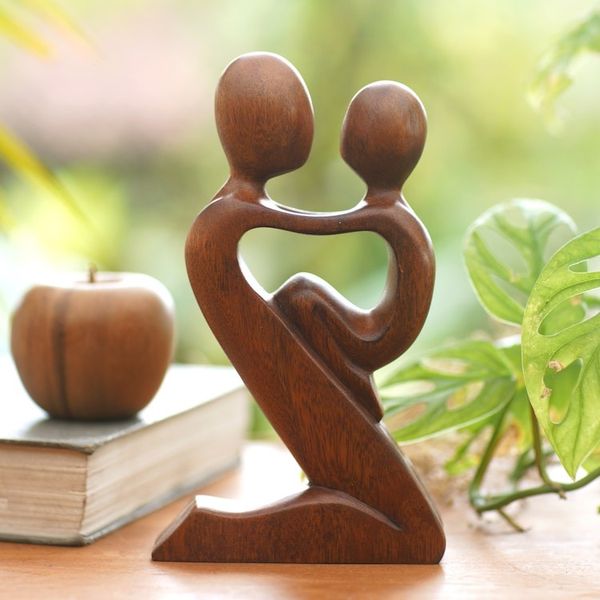 Alternate image for Suar Wood Father and Child Sculpture from Bali Playful Father
