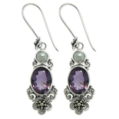 Alternate image for Womens Floral Pearl and Amethyst Silver Earrings Queen of Flowers