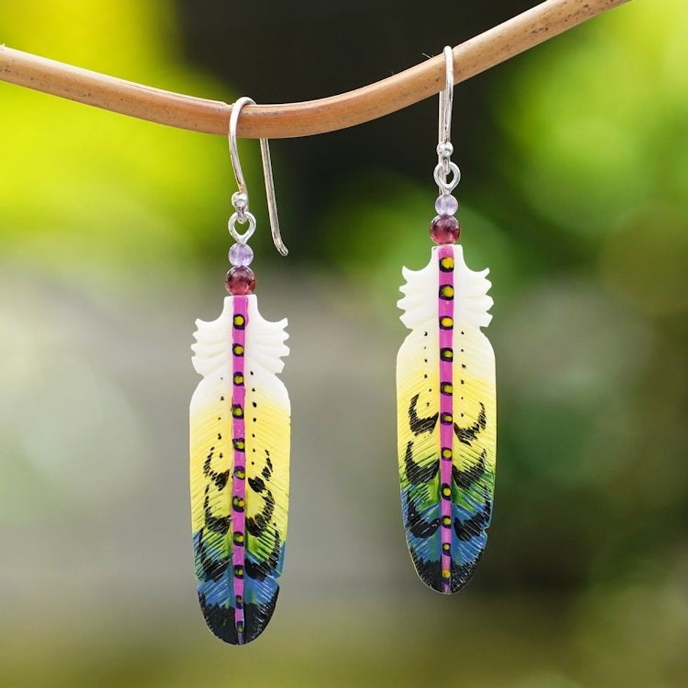 Handcrafted Feather Dangle Earrings with Amethyst and Garnet 'Hope Feathers'