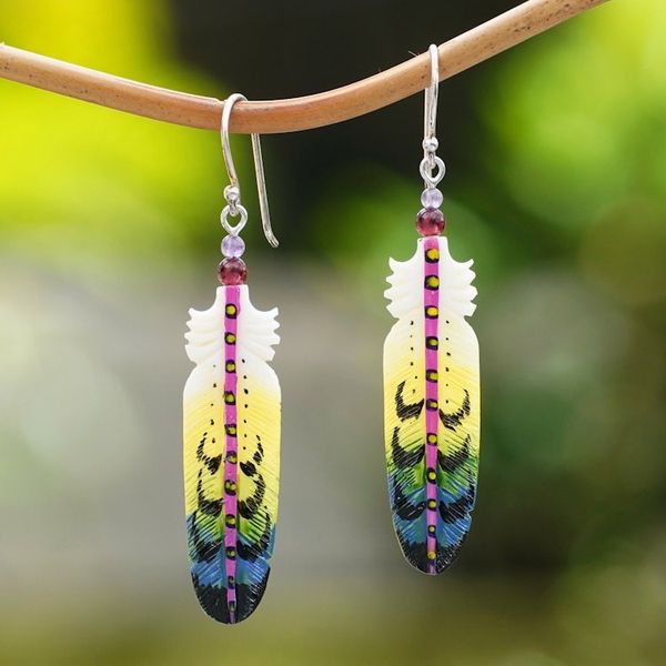 Alternate image for Handcrafted Feather Dangle Earrings with Amethyst and Garnet Hope Feathers