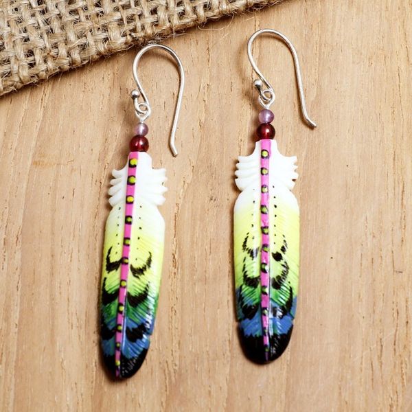 Alternate image for Handcrafted Feather Dangle Earrings with Amethyst and Garnet Hope Feathers