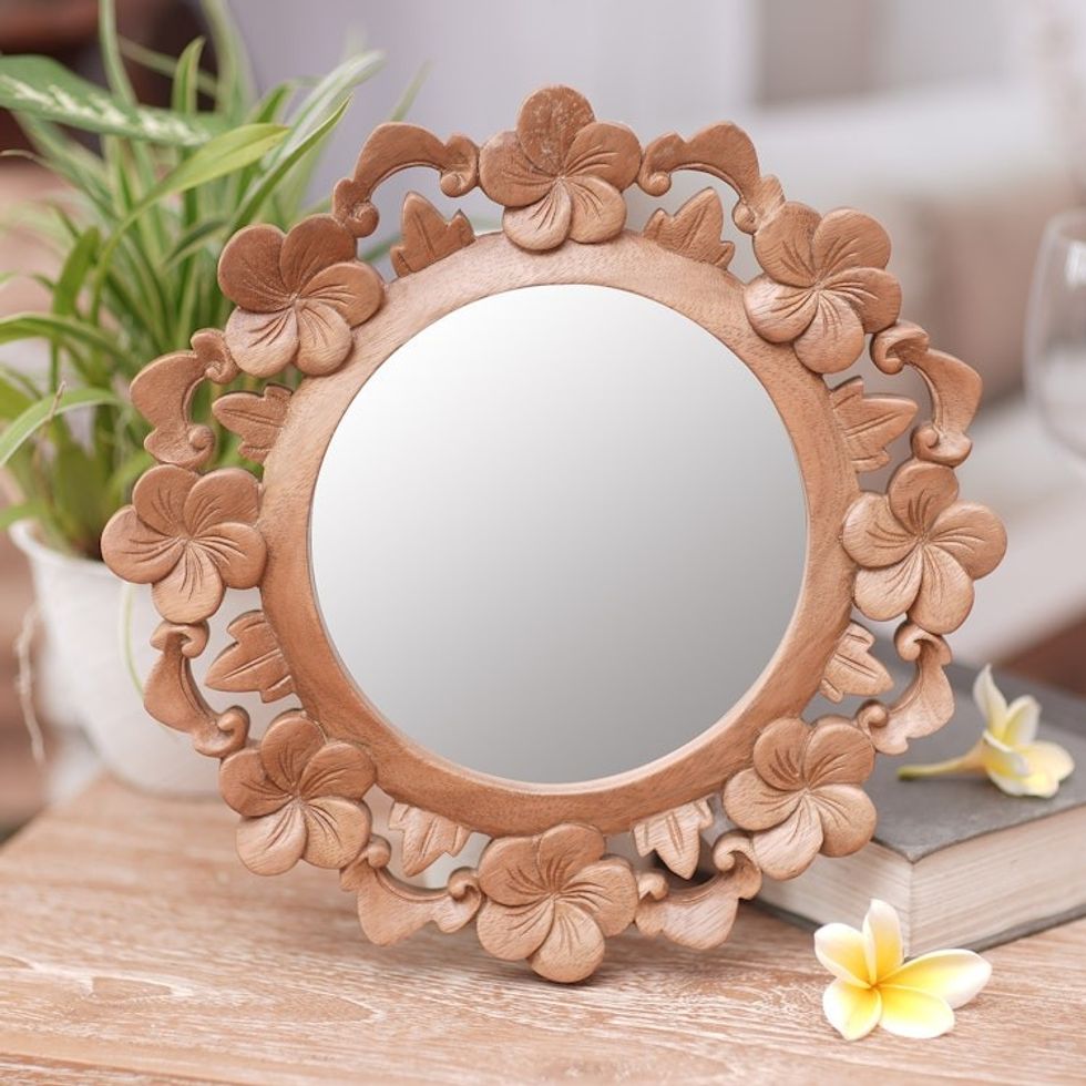 Hand Carved Natural Wood Balinese Floral Wall Mirror 'Jepun Reflection'