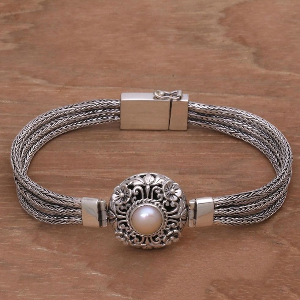 925 Silver and Cultured Pearl Balinese Floral Bracelet 'Floral Nobility'