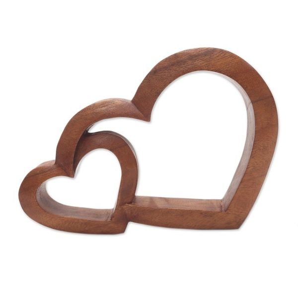 Alternate image for Wood Hand Made Indonesian Brown Connecting Hearts Sculpture Warm Hearts