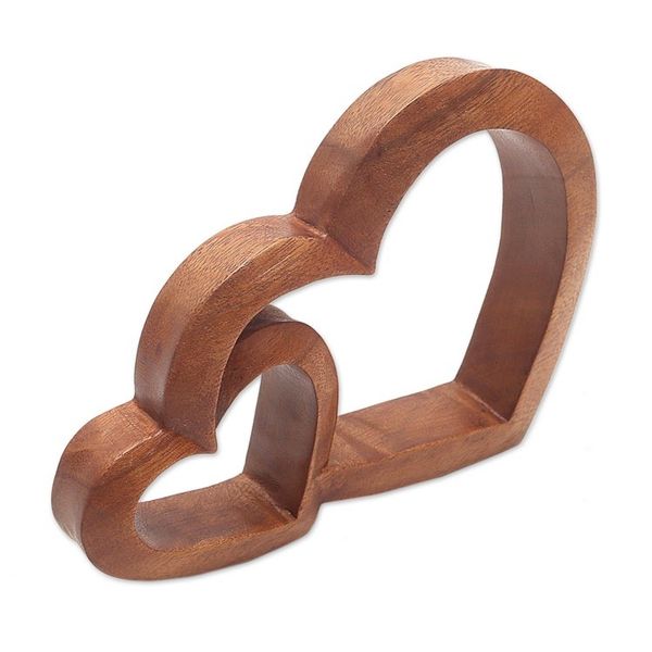 Alternate image for Wood Hand Made Indonesian Brown Connecting Hearts Sculpture Warm Hearts