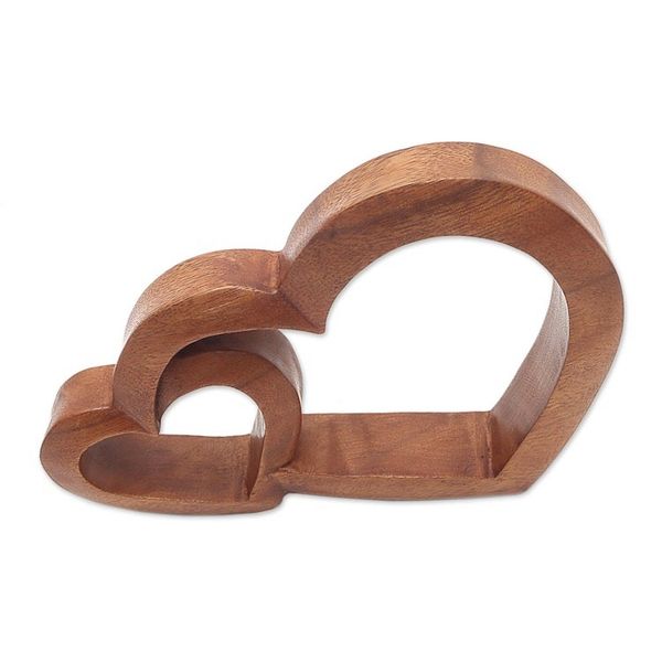 Alternate image for Wood Hand Made Indonesian Brown Connecting Hearts Sculpture Warm Hearts