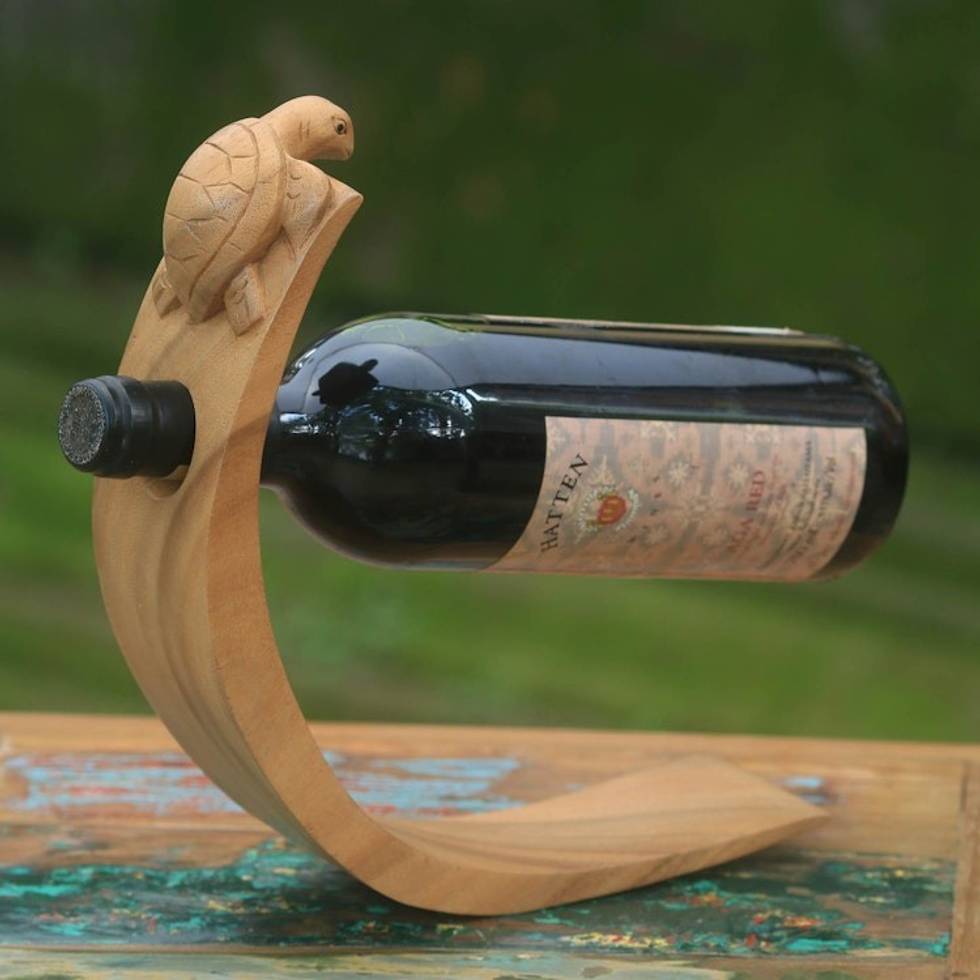 Balinese Sea Turtle Brown Wood Wine Bottle Holder 'Brown Balinese Turtle'