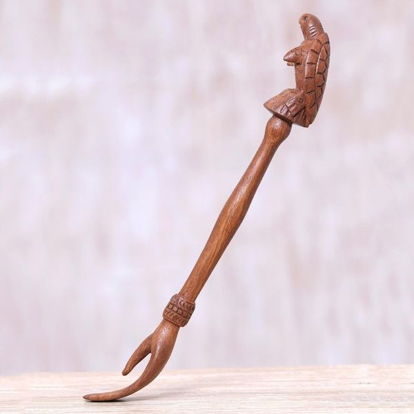 Alternate image for Turtle Themed Wood Back Scratcher Hand Carved in Bali Turtle Relief in Natural
