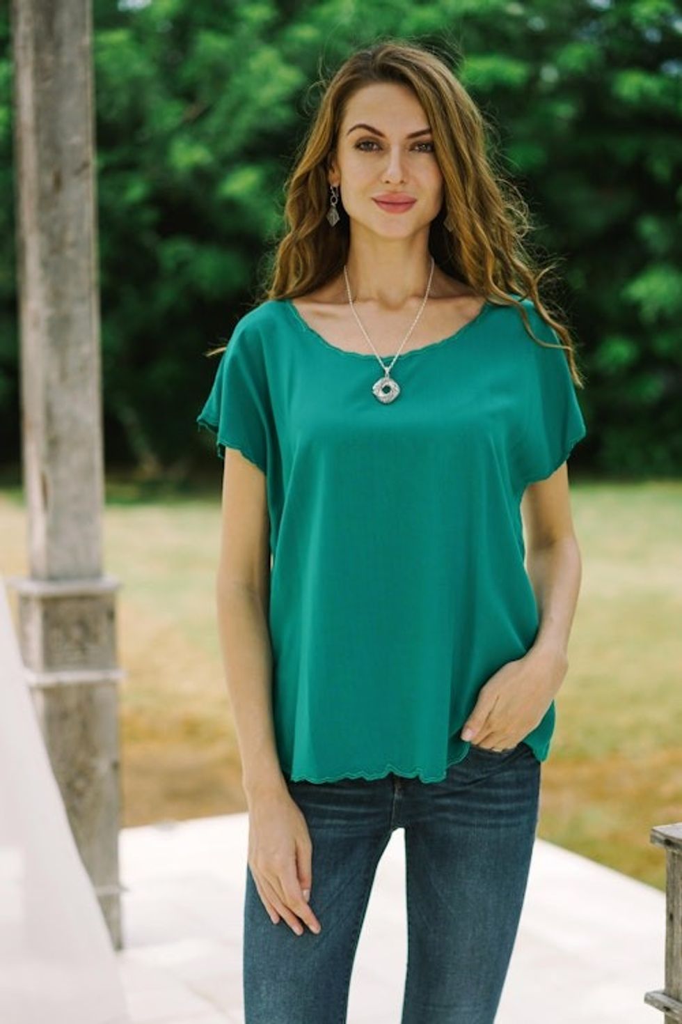 Green Short-Sleeved Rayon Blouse 'Timeless Tee in Green'