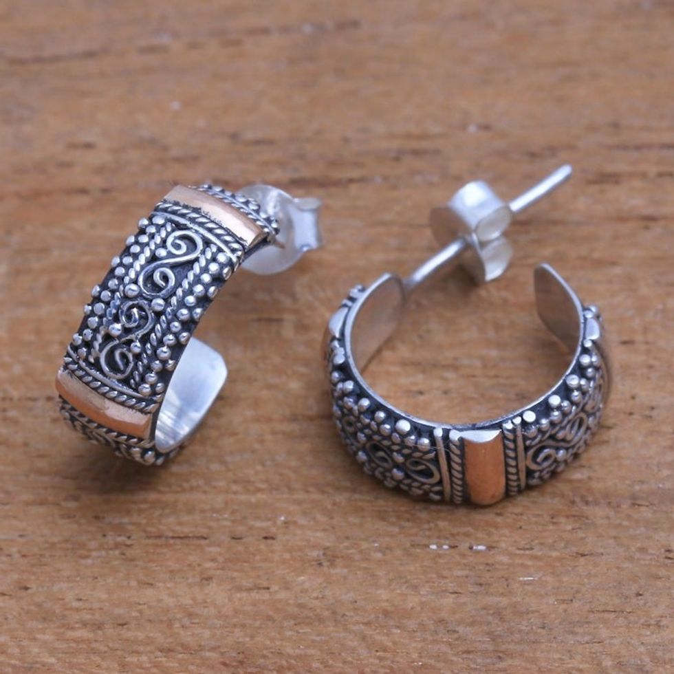 Spiral Gold Accent Sterling Silver Half-Hoop Earrings 'Spiral Roads'