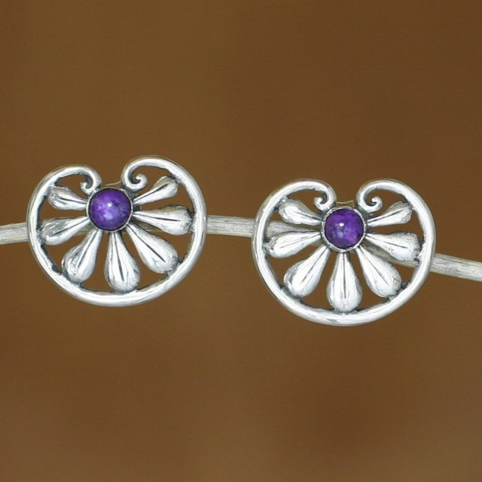 Floral Sterling Silver Amethyst Button Earrings 'Polished Petals'