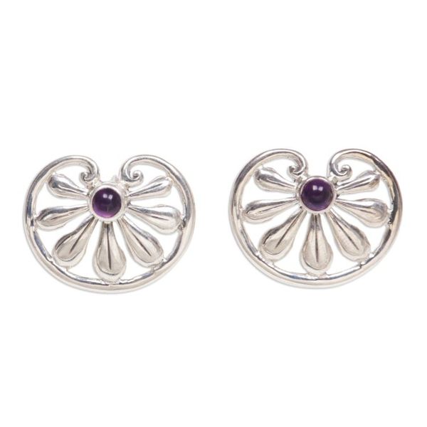 Alternate image for Floral Sterling Silver Amethyst Button Earrings Polished Petals