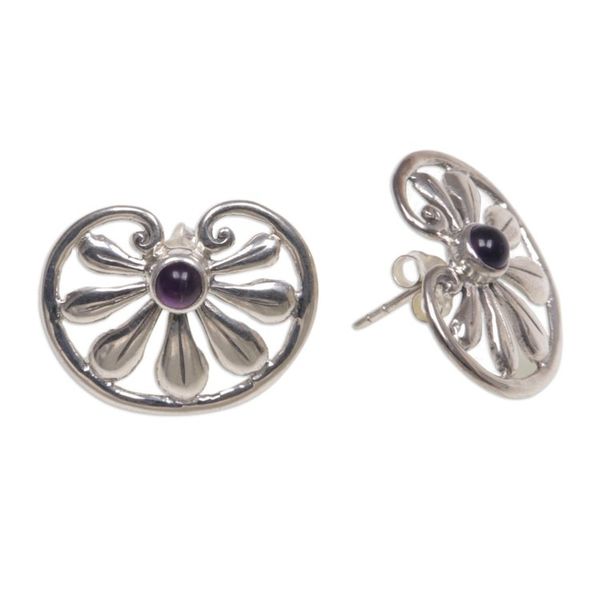 Alternate image for Floral Sterling Silver Amethyst Button Earrings Polished Petals