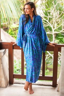 Image for Blue and Green Batik Leaf Long Sleeved Rayon Robe with Belt Mystery Grove