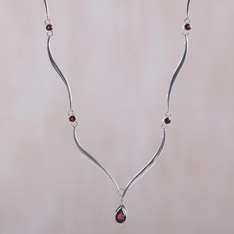 Handcrafted Sterling Silver and Garnet Necklace 'Silver Tendrils'